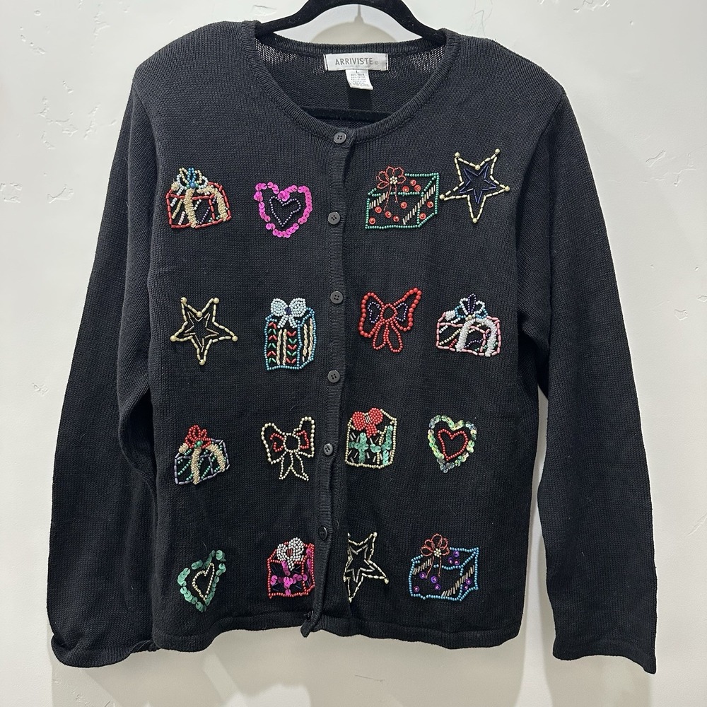 ARRIVISTE 3D‎ Bead Design Christmas Sweater Cardigan Size Large Shoulder Pads